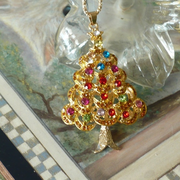 ❤️ NEW Rhinestone Tree Necklace Crystal Multi-Color Pendant 24" Chain - Picture 5 of 7